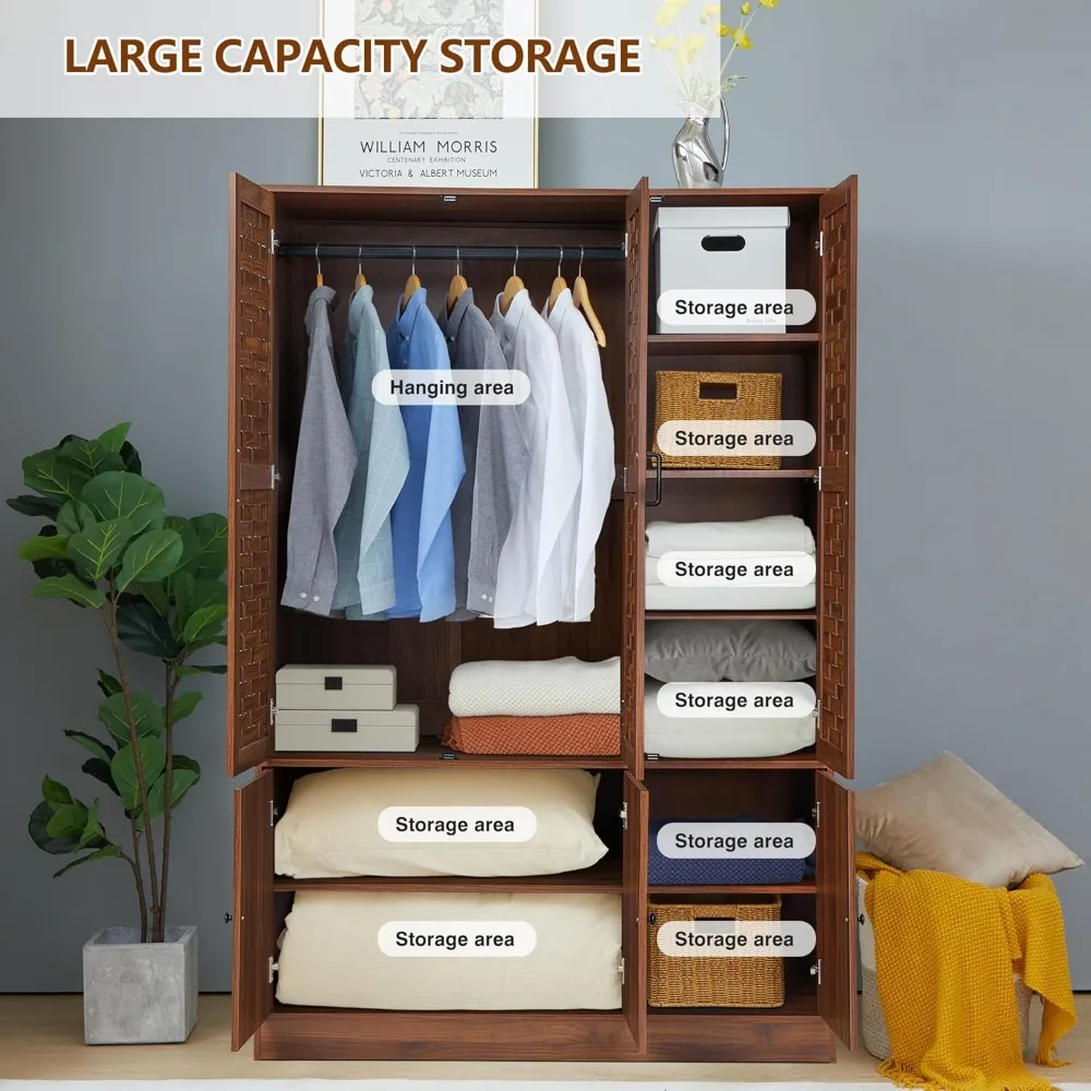 Wardrobe Closet with 6 Woven Doors, Walnut Armoire Wardrobe Cabinet for High Storage Capacity with Hanging Children's Wardrobes 5