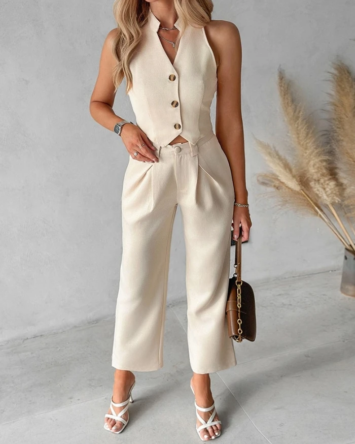 2024 Women's Work Commute Two Piece Set Elegant Buttoned Stand Collar Sleeveless Vest Cut Top and Ruched Straight Leg Pants Set bkld women clothing sleeveless ruched halter backless cross lace up sexy one piece outfits clubwear ladies bodysuit solid color