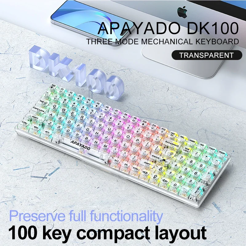 APAYADO DK100 прозрачная Bluetooth механическая клавиатура, RGB подсветка, горячая замена, 2,4g трехрежимное соединение, ПК и фото