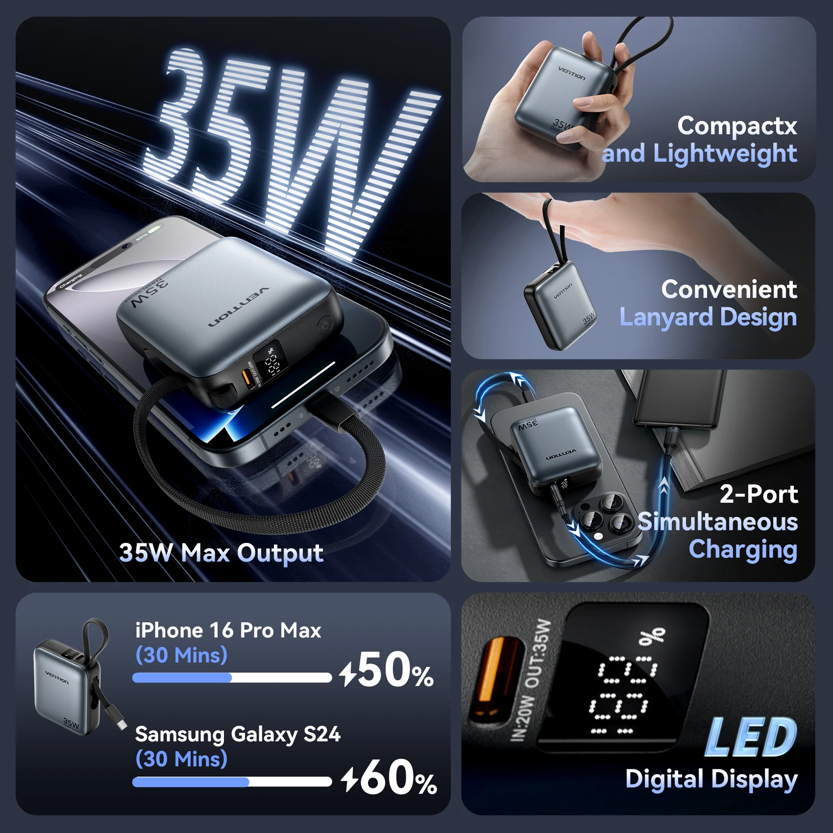 Power Bank Vention 10000mAh 35W PD Fast Charger with Type C Cable Mini External Spare Auxiliary Battery for SmartPhone