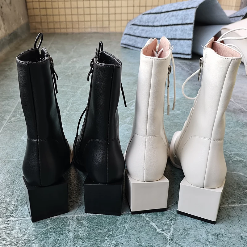 Women ankle boots natural leather plus size 22-25 CM Square toe Outdoor fashion leisure shoes Hollow Wearable in all seasons