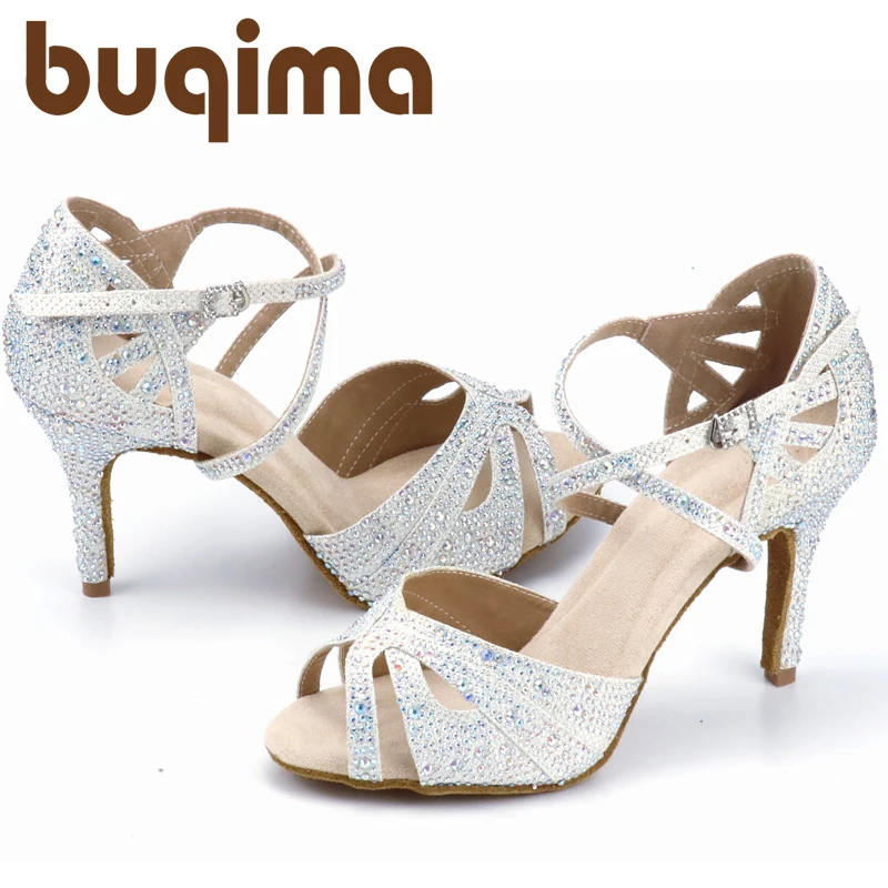 Buqima Rhinestone Latin Dance Shoes Tango Ballroom Dance Shoes Ladies High Heels Soft Sole Women Sandals Wedding Shoes Women