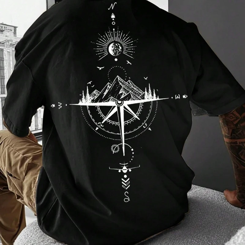 

2024 New Summer Men's T-Shirt 3d Compass Printed Short Sleeve Tees Simple Fashion Male Clothing Loose Oversized T-Shirt For Men