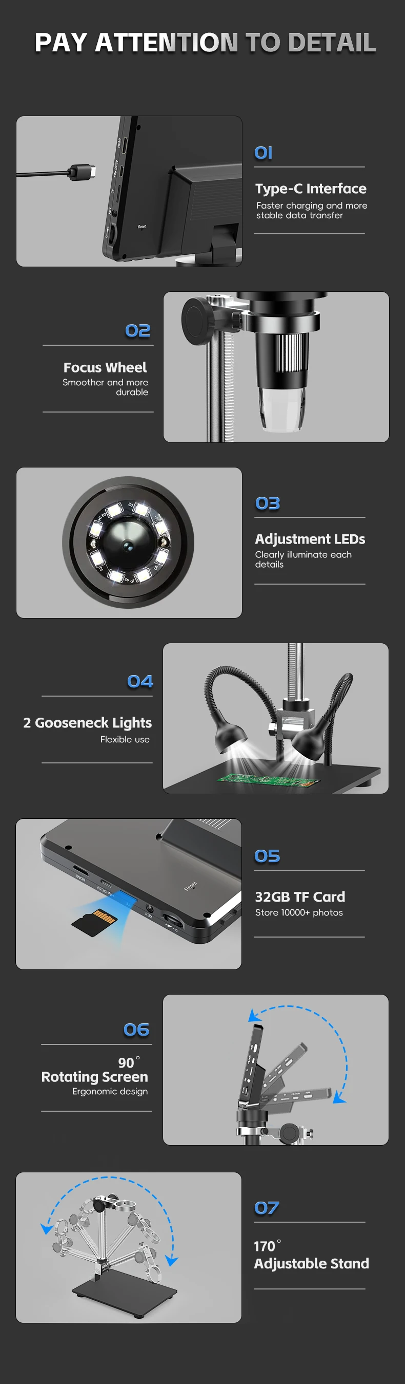 1200X HDMI Microscope with 7 inch IPS Screen 16MP Digital Microscope with 10 LED