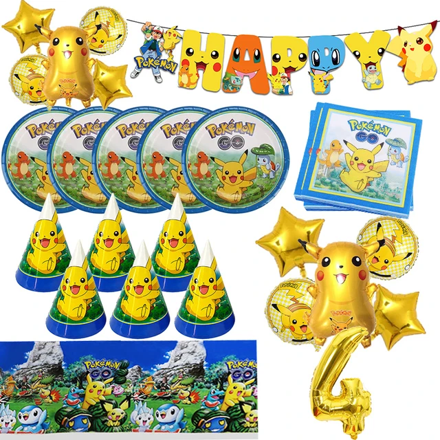 Decoraciones de fiesta de cumpleaños de Pokémon, globos de papel de  aluminio de Pikachu, vajilla desechable, plato, servilleta, telón de fondo  para niños, suministros de fiesta para niños