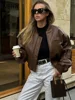 Vintage Imitation Leather Bomber Jacket Women O-neck Zipper Pockets Loose Short Coat 2024 Autumn Lady High Street Outwear 1