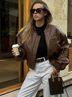Vintage Imitation Leather Bomber Jacket Women O-neck Zipper Pockets Loose Short Coat 2024 Autumn Lady High Street Outwear 1