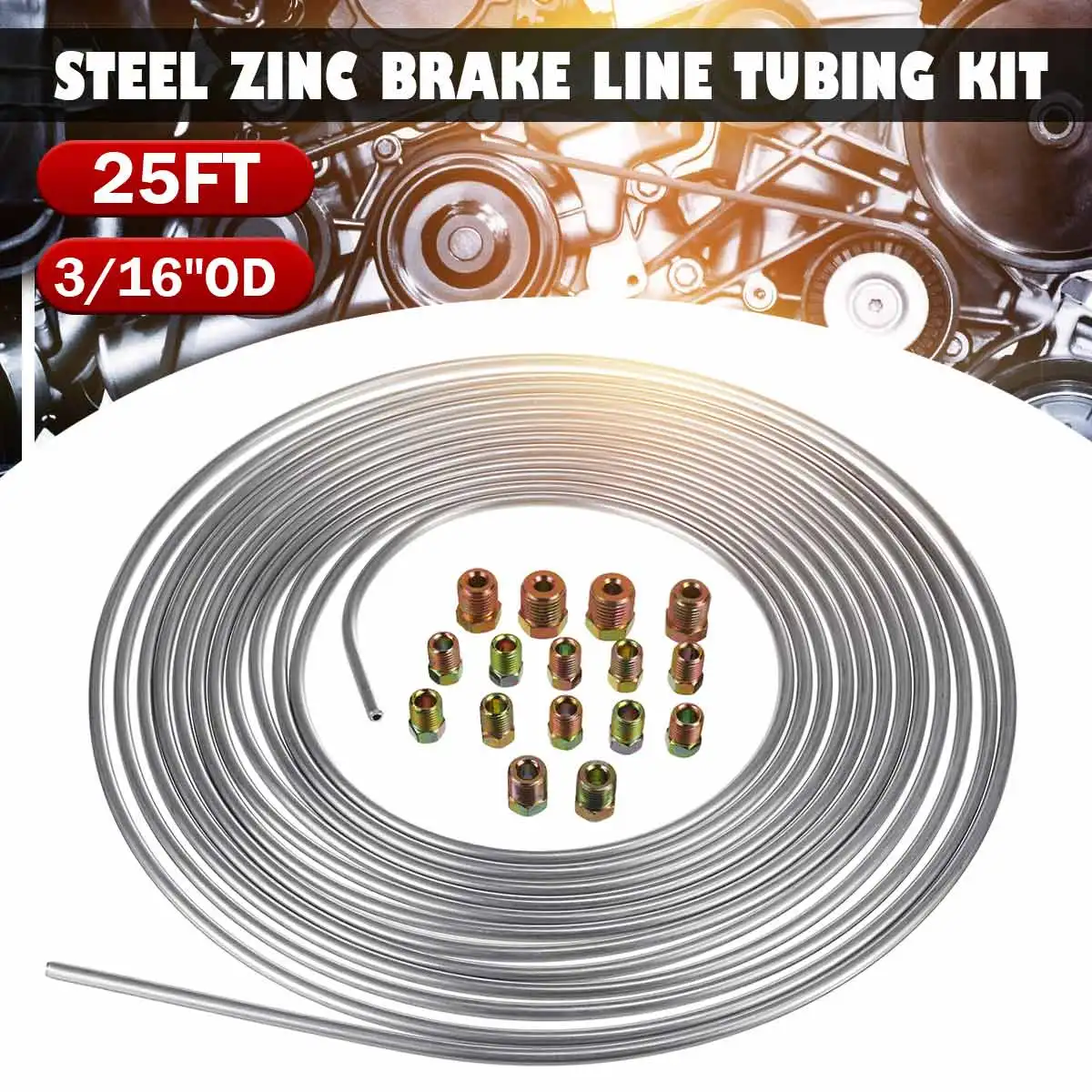 3/16"OD Brake Pipe Hose Line Steel Zinc Tubing Kit w/16 Fittings Nuts 25Ft Roll Tube Coil For Car Auto Motorcycle brake pipe hose,motorcycle brake hose,brake cable