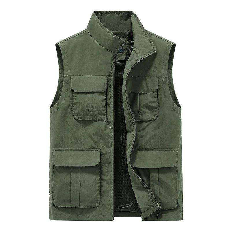 

Men's Multi Pocket Vest Standing Collar Can Customized For Spring And Autumn, Vest Printing, Embroidery, Work Clothes, And Vest