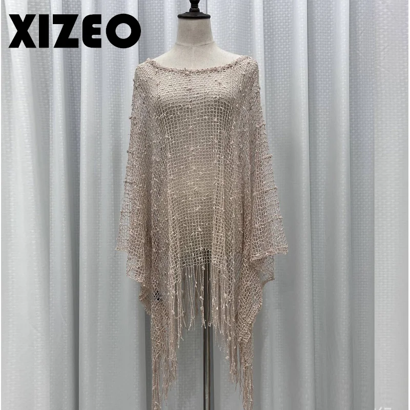 XIZEO 2023 Sexy Fringe Tassel Mesh Sheer Shiny Knitted Tunic Beach Cover Up Cover-ups Beach Dress Beach Wear Beachwear Female