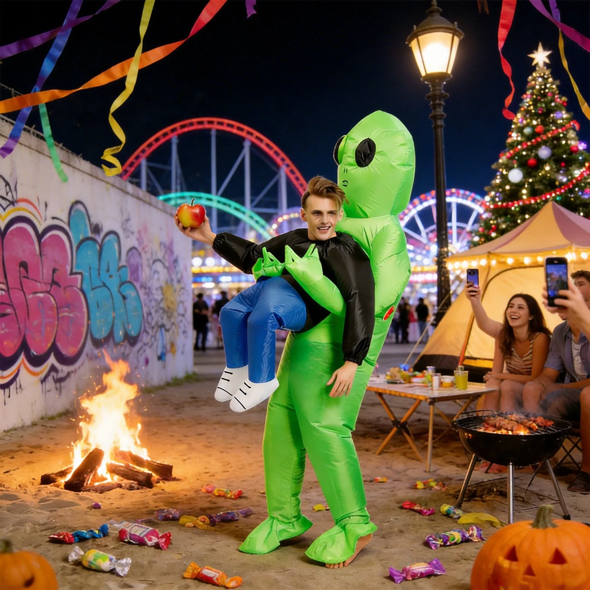 Disfraz de alien cargando humano