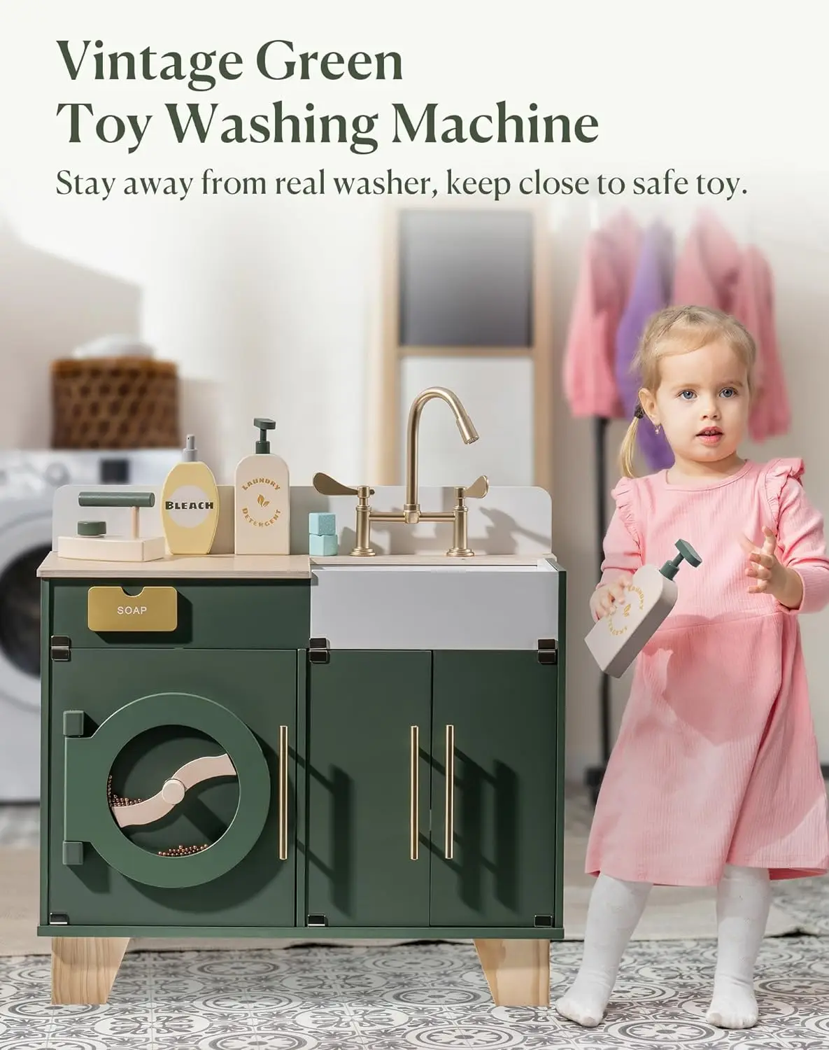 Robotime Wooden Toy Washing Machine Kitchen Set Vintage Green Washer and Dryer Kitchen Playset Pretend Play for Kids