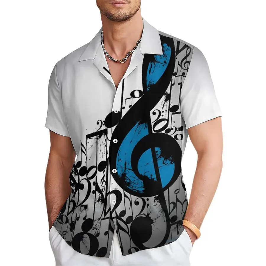 

New 3D piano key music texture high-definition full body printed casual short sleeved shirt for men's music symbols