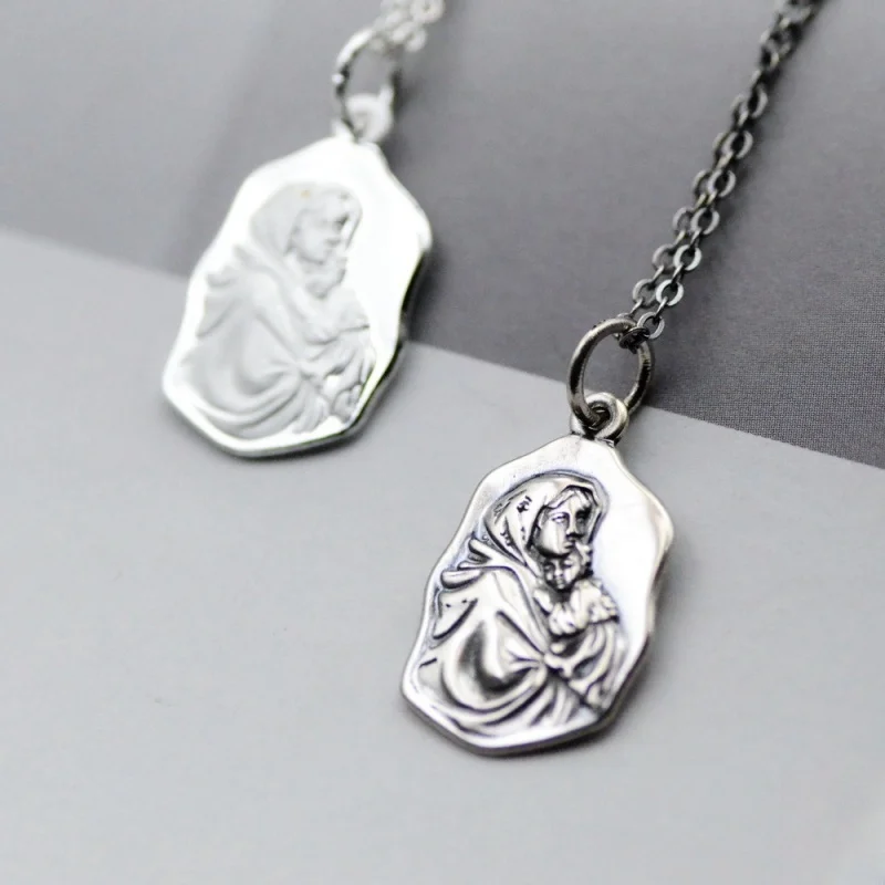 S925 Sterling Silver Charms Pendants For Women Men New Fashion Square Relief Virgin Mary Image Amulet Jewelry Lover Gift