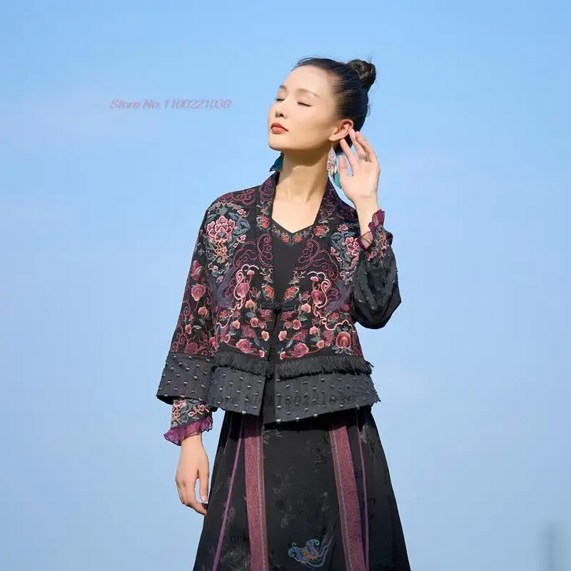chinese vintage hanfu coat national flower embroidery v-neck ethnic cardigan improved hanfu tops oriental retro tang suit