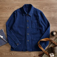 Indigo Cargo Jacket Men Vintage Heavy Weight Cotton Blue Dyed Workwear Tooling Jacket French Retro Multi-pocket Cardigan Coat 1