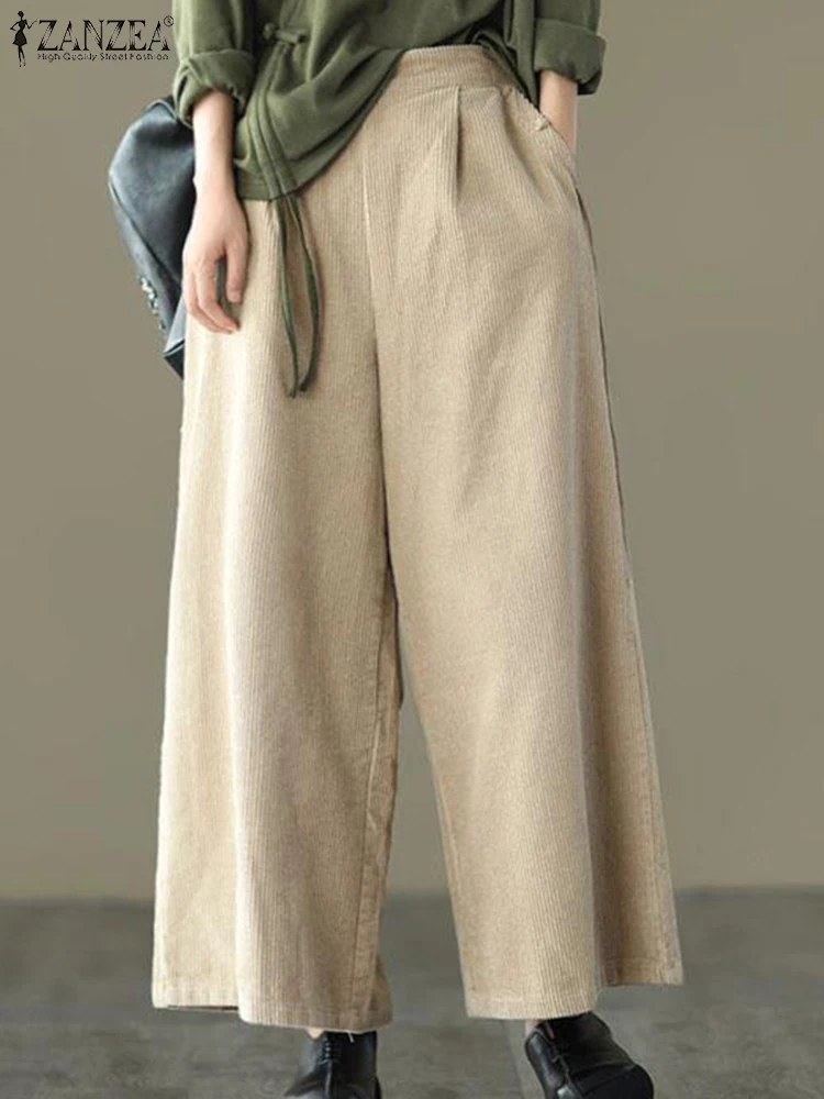 

Autumn Elastic High Waist Trousers ZANZEA Women Corduroy Long Pants Warm Pantalon Casual Loose Wide Leg Oversized Baggy Pants