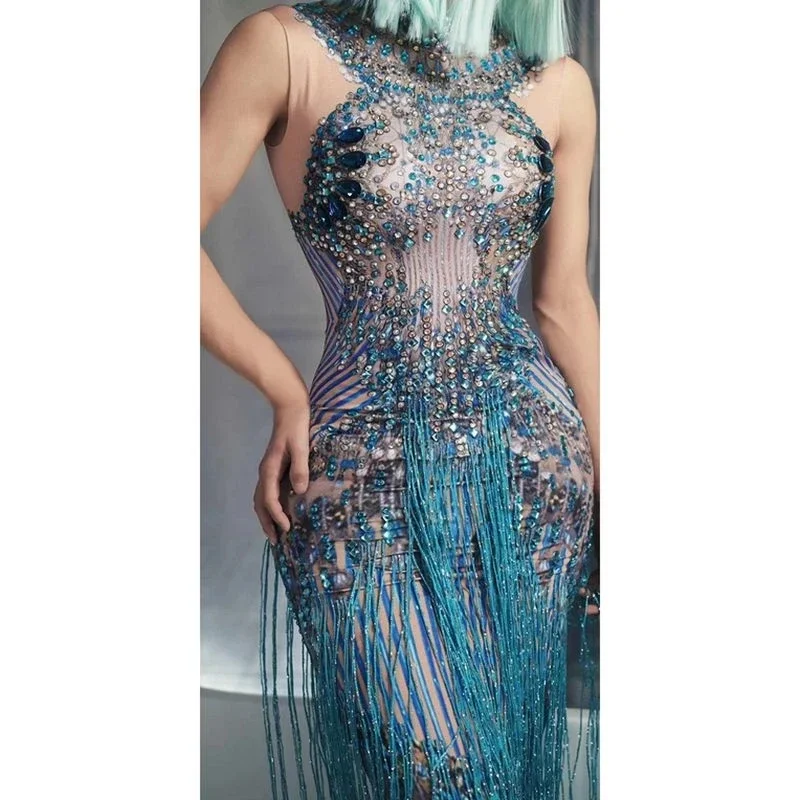 

Fashion Crystals Rhinestone Party Long Dress Women Sleeveless Tassel Club Dress Blue Sexy Jazz Singer Dancer Stage Costumes