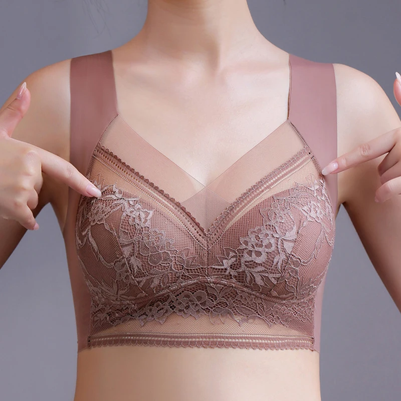 

Top High Quality Lace Ladies Underwear Sexy and Comfortable No Steel Rings Fixed Cups Gathered Small Large Size Bra Thin Section