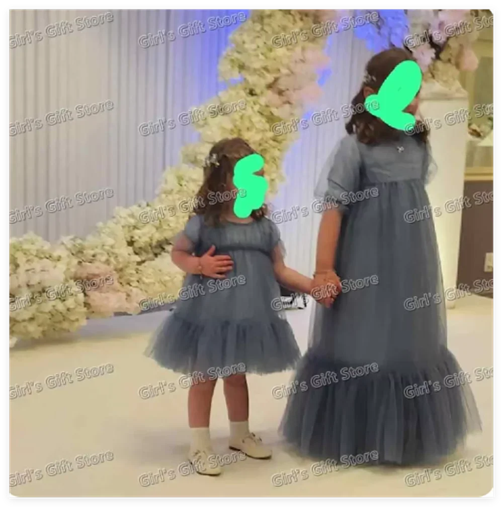 Blue Tulle Tiered Girl Dresses Ball Gown Half Sleeve For Wedding high neck Birthday Party Banquet Princess girl Gowns