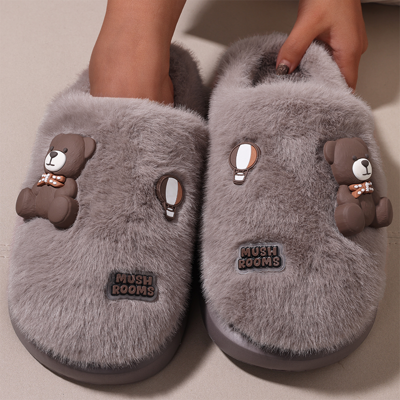autumn winter cotton slippers women cute cartoon bear indoor home casual plush non slip unisex Toe wrap couple trendy warm shoes