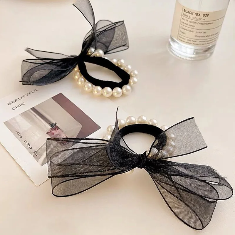 

New Fashion Woman Pearl Hair Ties Korean Mesh Bow Hairband Scrunchies Girls Ponytail Holders Rubber Band Hair Accessories