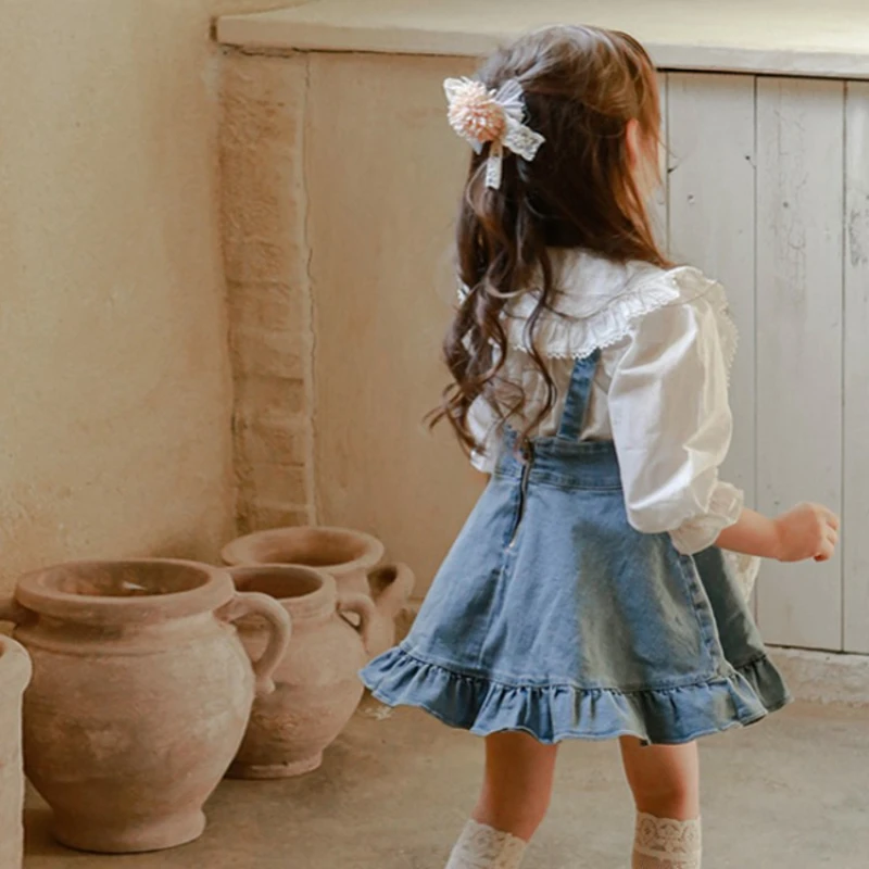 Girls' Suspender Dress Spring Strawberry Shan Han Ruffled Denim Sling Trendy Comfortable Cute Sweet