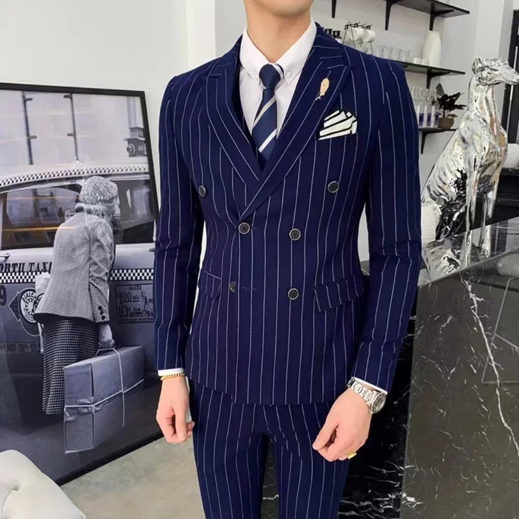 Formal Men's Striped Suit Two-Piece Blazer Vest Pants Set Slim Fit Classic Tuxedo Set for Wedding Party Business