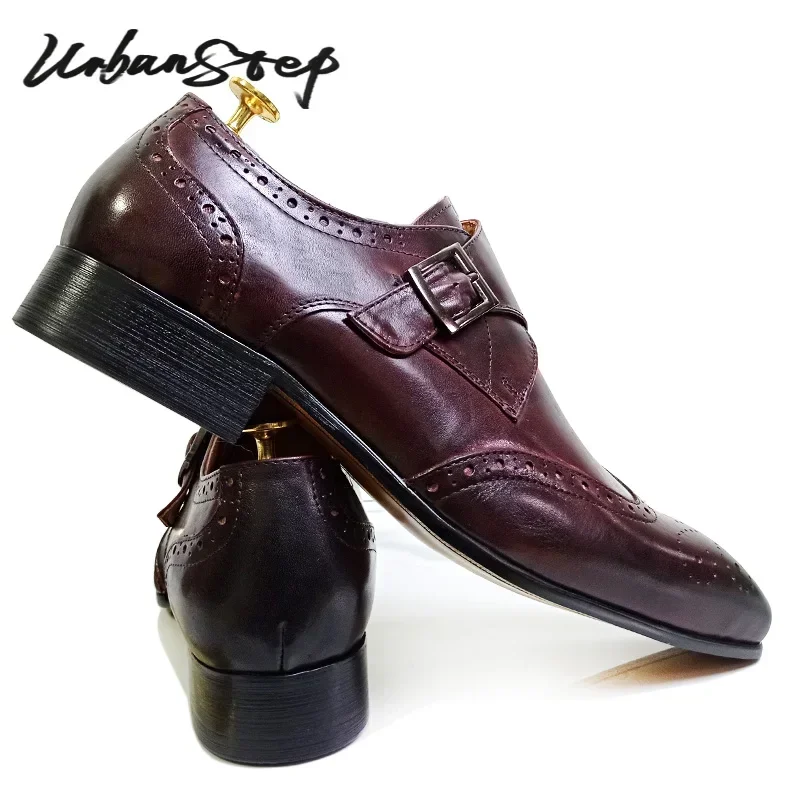 Leather shoes LUXURY MEN'S LOAFERS GENUINE LEATHER BURGUNDY SLIP ON MONK STRAP CASUAL DRESS MAN SHOE BUSINESS OFFICE WEDDING SHOES MEN