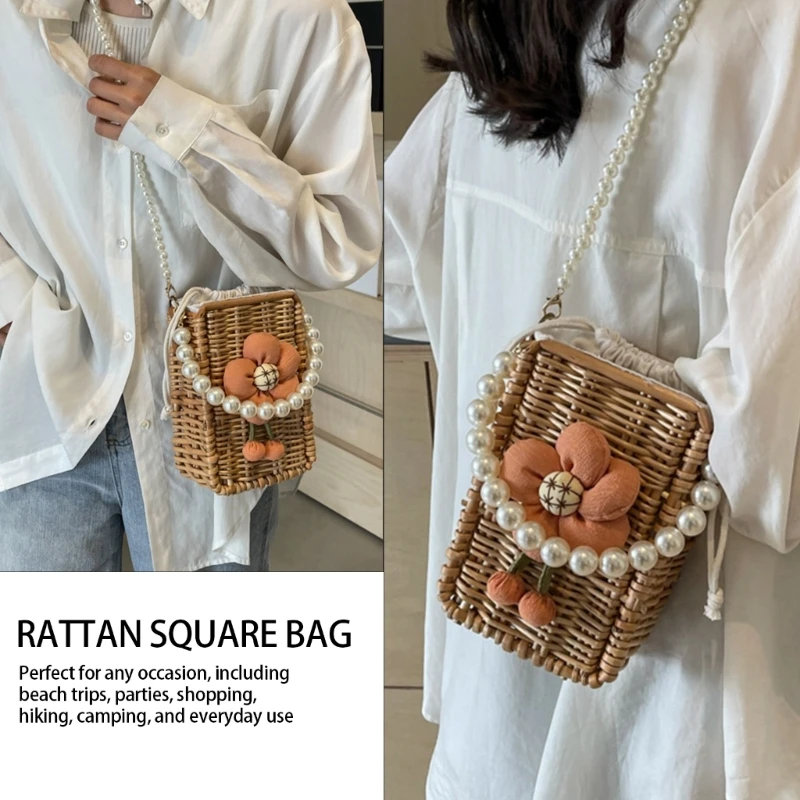 Elegant Drawstring Basket Purse Crossbody Bag Straw Handbag for Everyday Use E74B
