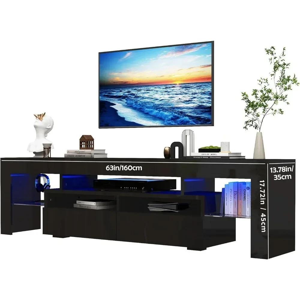 63in TV Stand 65/70 Inch TV,Modern LED TV Stand Living Room,Black Stand,High Gloss Entertainment Center Storage Drawer 5