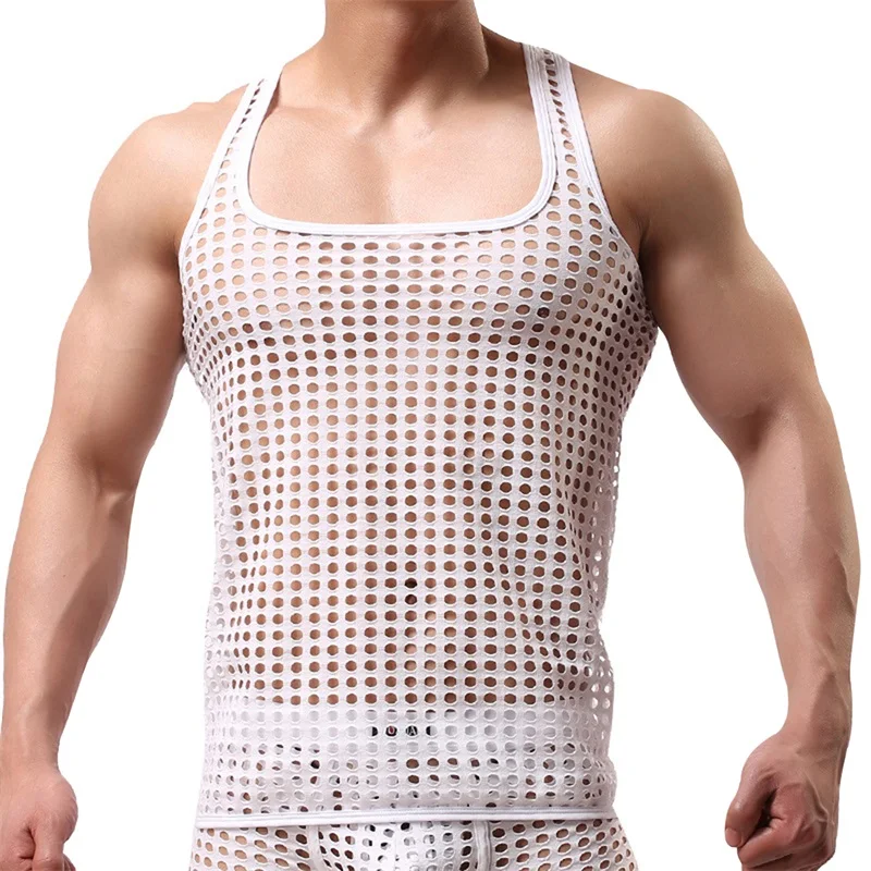 

LOSIBUDSA Men s Sexy Mesh Fishnet Tank Tops Sleeveless Hollow Out Square Neck Slim Fit Sheer Muscle T-shirts