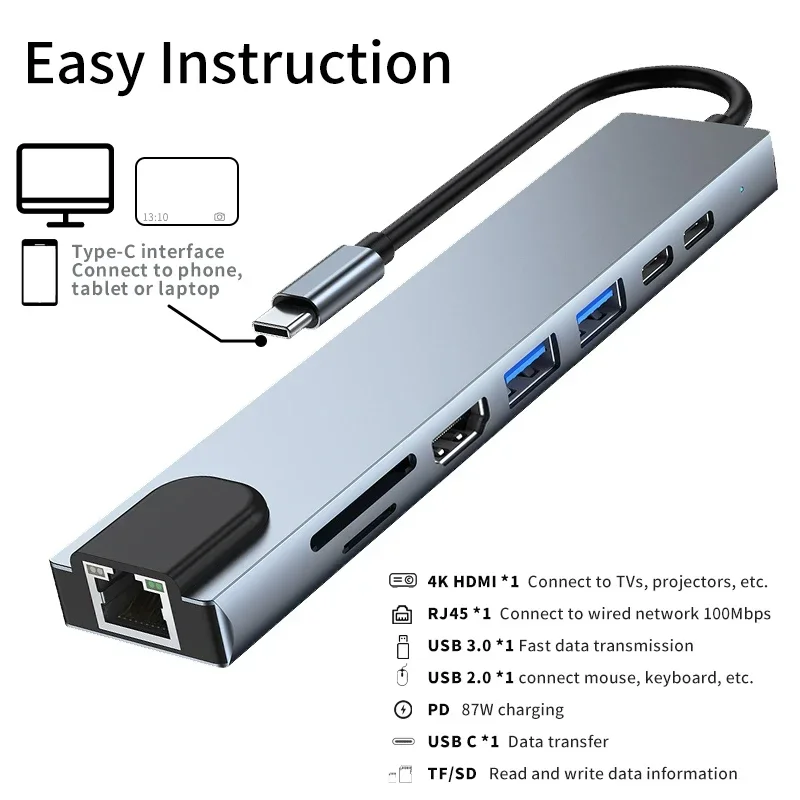 8 in 1 USB C HUB Type C Phone Adapter with 4K HDMI 87W PD USB Docking Station RJ45 for MacBook Pro Air Laptop Pad Card Reader