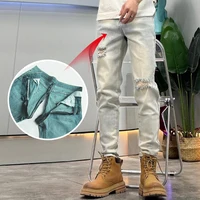 Locomotive Men Invisible Open Crotch Outdoor Sex Ripped Jeans Men's Old Vintage Casual Pants Exotic High Street Elastic Slim 1