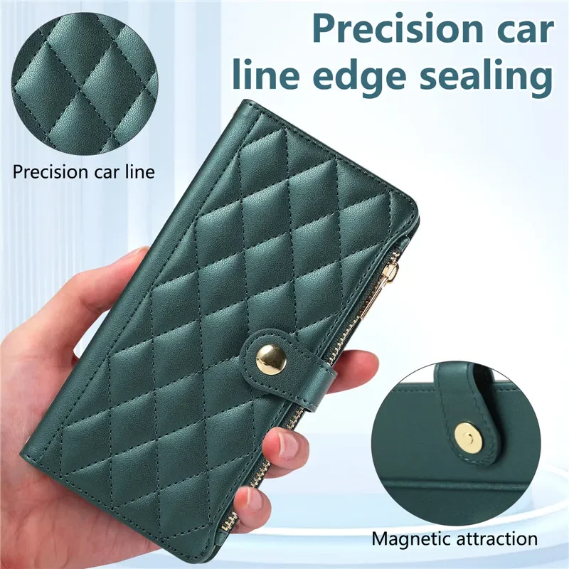 Rhombus Grid Flip Wallet Phone Case with Long Hanging Rope