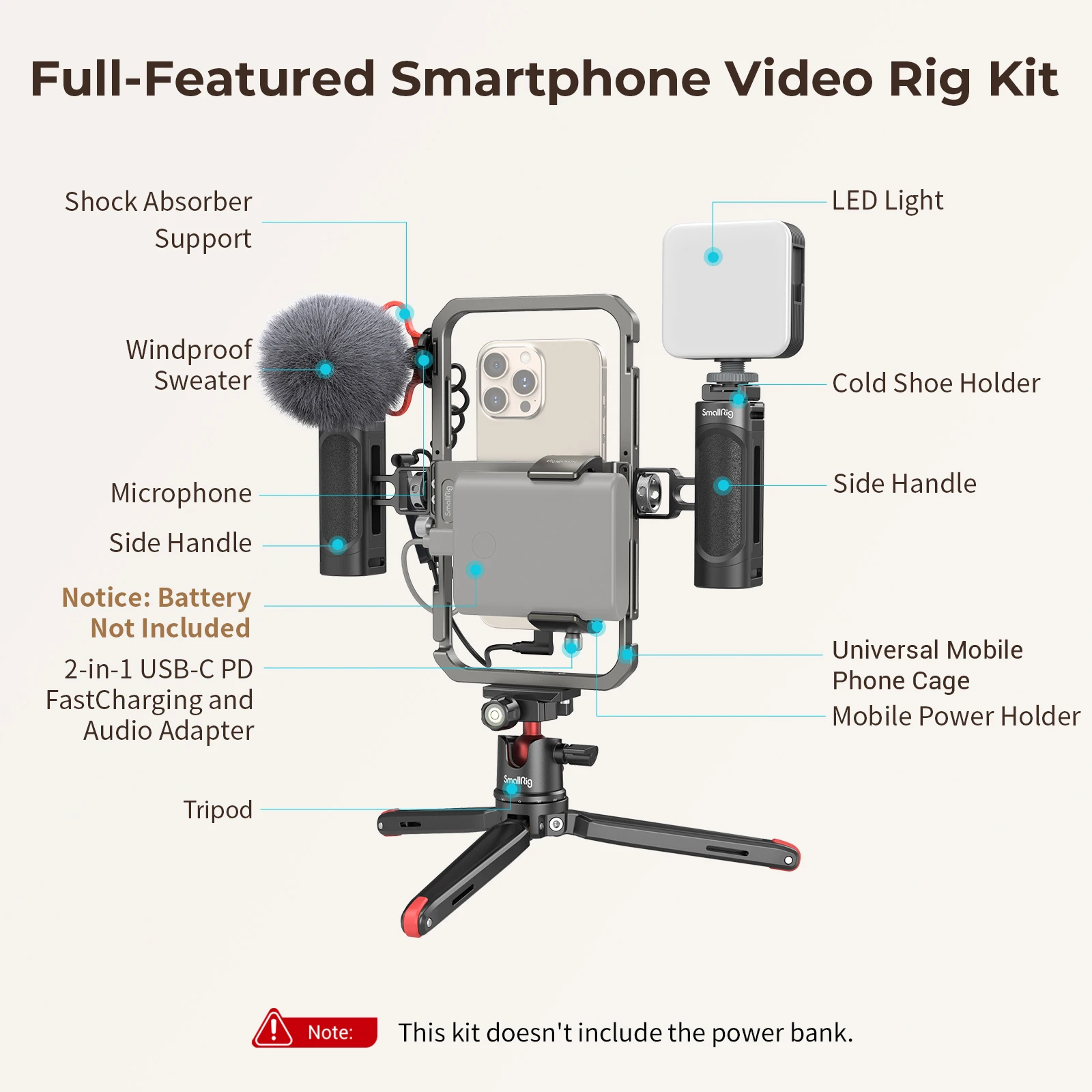 Universal Phone Video Rig Kit for iPhone, Smartphone w Tripod Mic LED Light Side