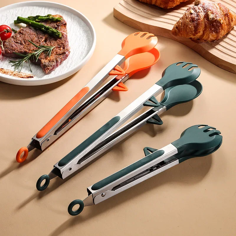 1Pcs Silicone Food Tongs Stainless Steel Food Tongs Outdoor BBQ Clamps For Camping Kitchen For Baking Steak