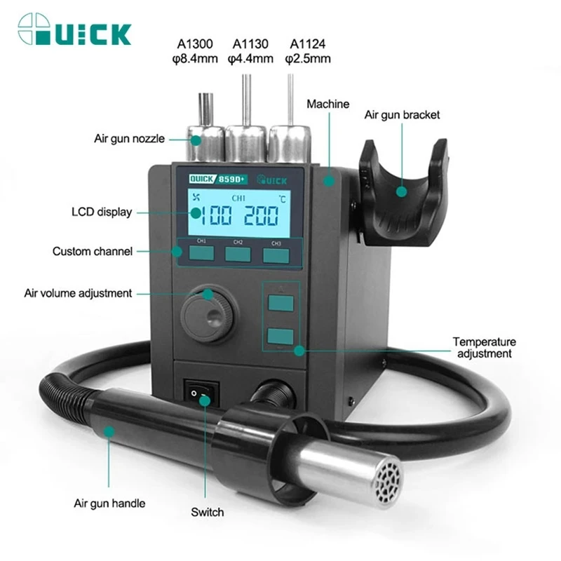 QUICK-스마트 열풍 납땜 제거 스테이션, 트윈 터보 공기 온도 및 풍량 조정, 자동 수면, 859D + 업그레이드