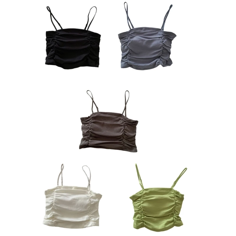 

Женский однотонный укороченный топ без рукавов, плиссированная бретелька с рюшами по бокам