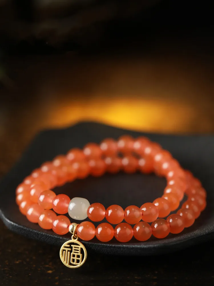 

Natural Cherry Red South Red Agate with Hetian Jade Old-Styled Bead Multi-Circle Bracelet