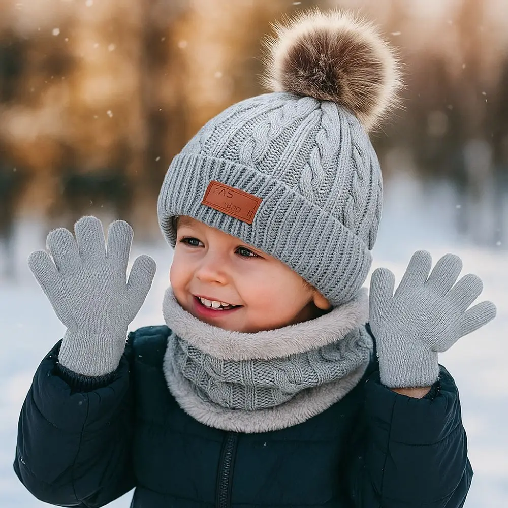 3pcs/set Solid Color Baby Hat Scarf Gloves Set Cute Pompom Warmer Knitted Hats Comfortable Kids Hat Set Autumn Winter