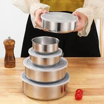 Boîte à déjeuner ronde en acier inoxydable pour micro-ondable, conteneurs de stockage scellés pour aliments de pique-nique, bol de conservation de la fraîcheur, accessoires de cuisine 5 pièces 1