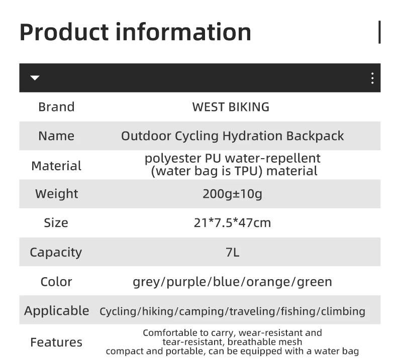 WEST BIKING Leichter Fahrradrucksack 7L Fahrradtasche Outdoor Laufen Wandern Klettern Radfahren Hydrations-Rucksack Fahrradzubehör – Detail 3