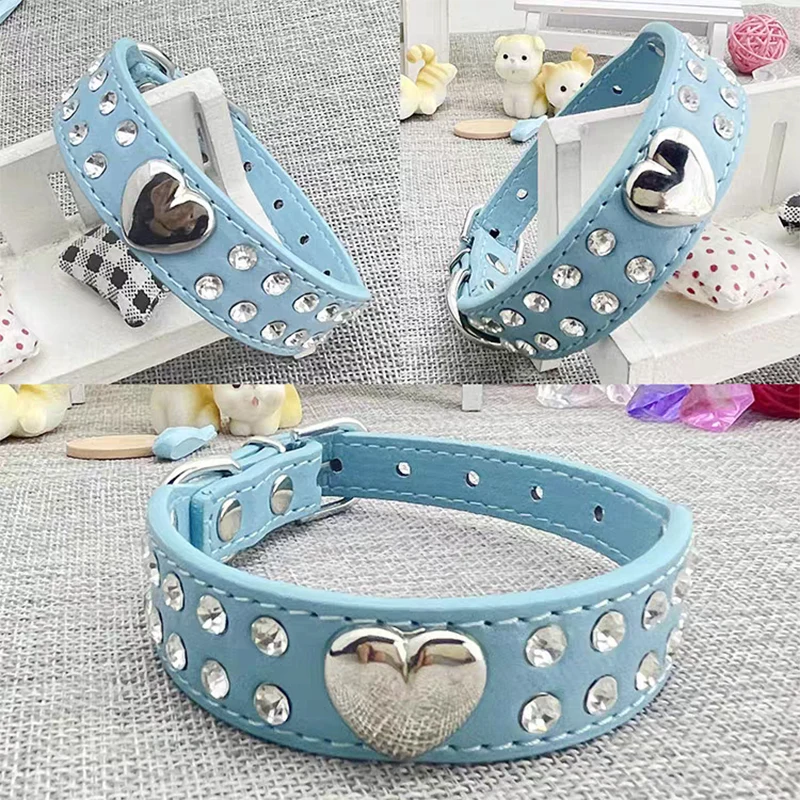 Collars Dog Bling Rhinestone Heart Necklace Adjustable Leather - PeticaDeals