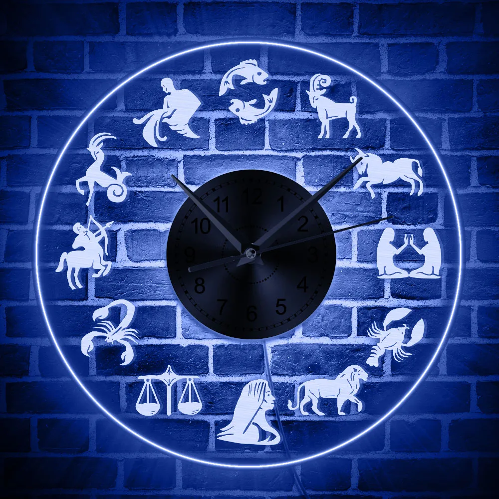 

Zodiac Sign LED Light Wall Art Home Decor Wall Clock With Colorful Backlight Glow In Dark Vintage Design Illuminated Wall Clock