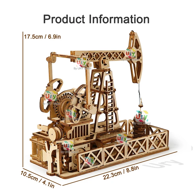 Ury 3D Wooden Puzzle Drilling Oil Wells Beam Pumping Unit Engineering Model Mechanical Kit Assembly Decor DIY Toy Gift for Adult 2