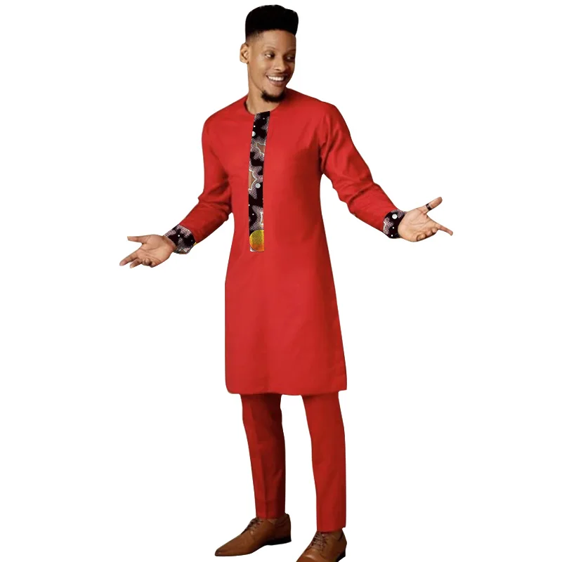 

Festive Celebration Red Men's Sets Nigrian Fashion Patchwork Tops With Solid Pants Groom Suits African Wedding Party Outfits