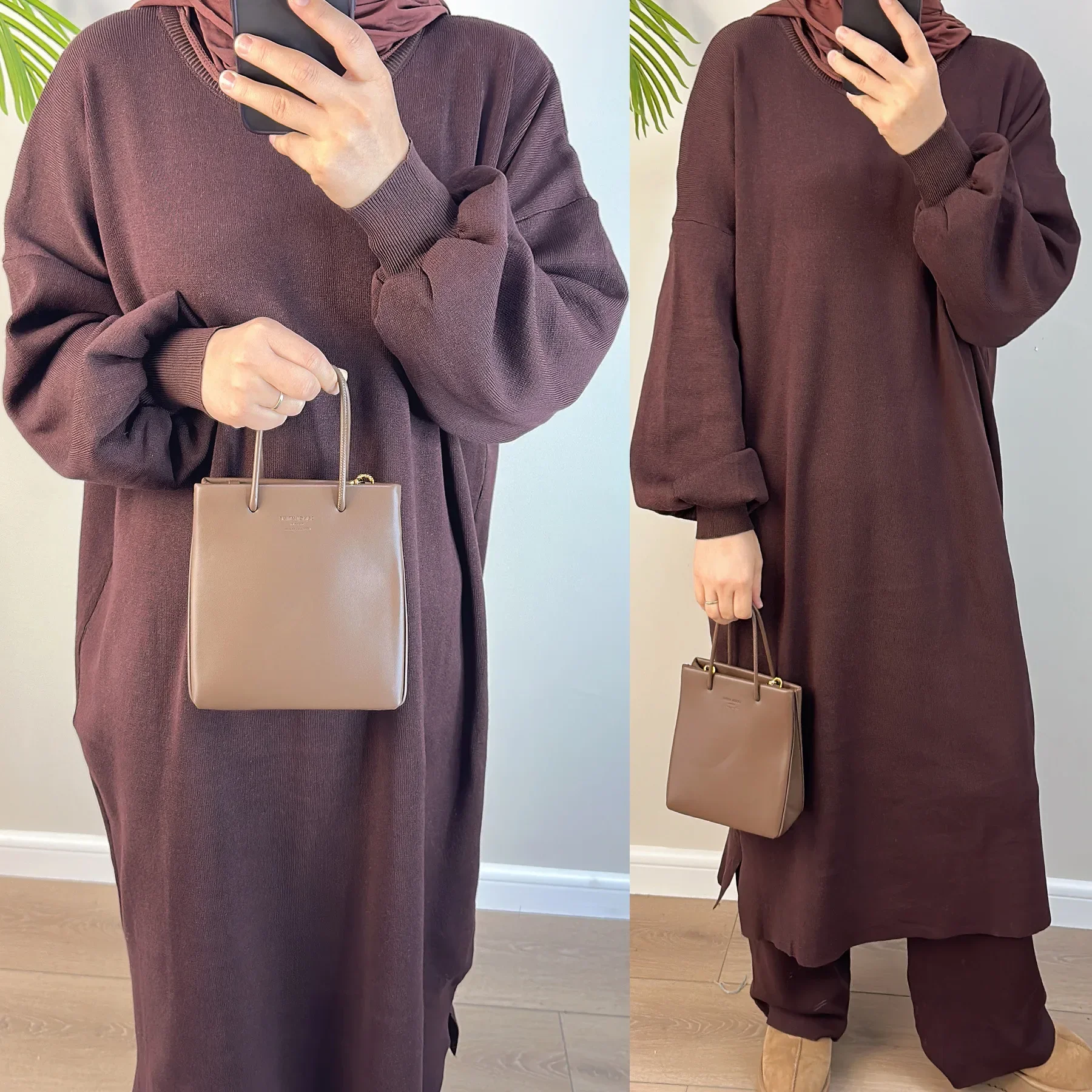Muslim Woman Winter Set 2 Pieces Matching Knit Pants and Sweater Sets Long Plain Top Pullover Dress Autumn Islam Modest Clothes