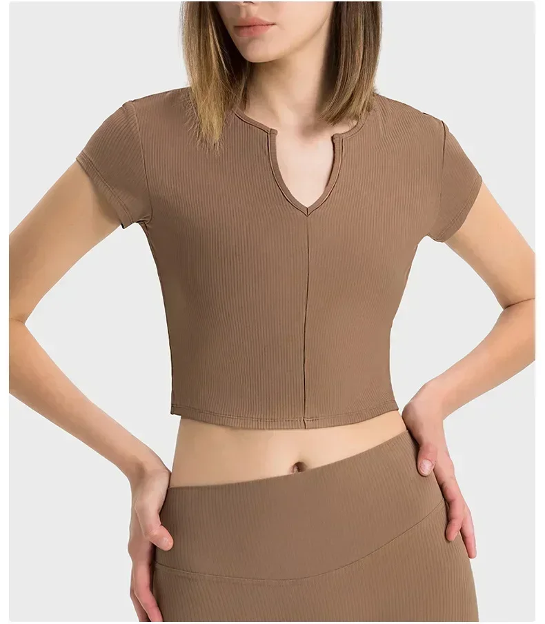 

Lulu Women Clothing Gym Yoga Sport Top Women Shirts Sportswear Outdoor Short Sleeve Ribbed Fabric V-Neck Pulovers Thin Waist Top