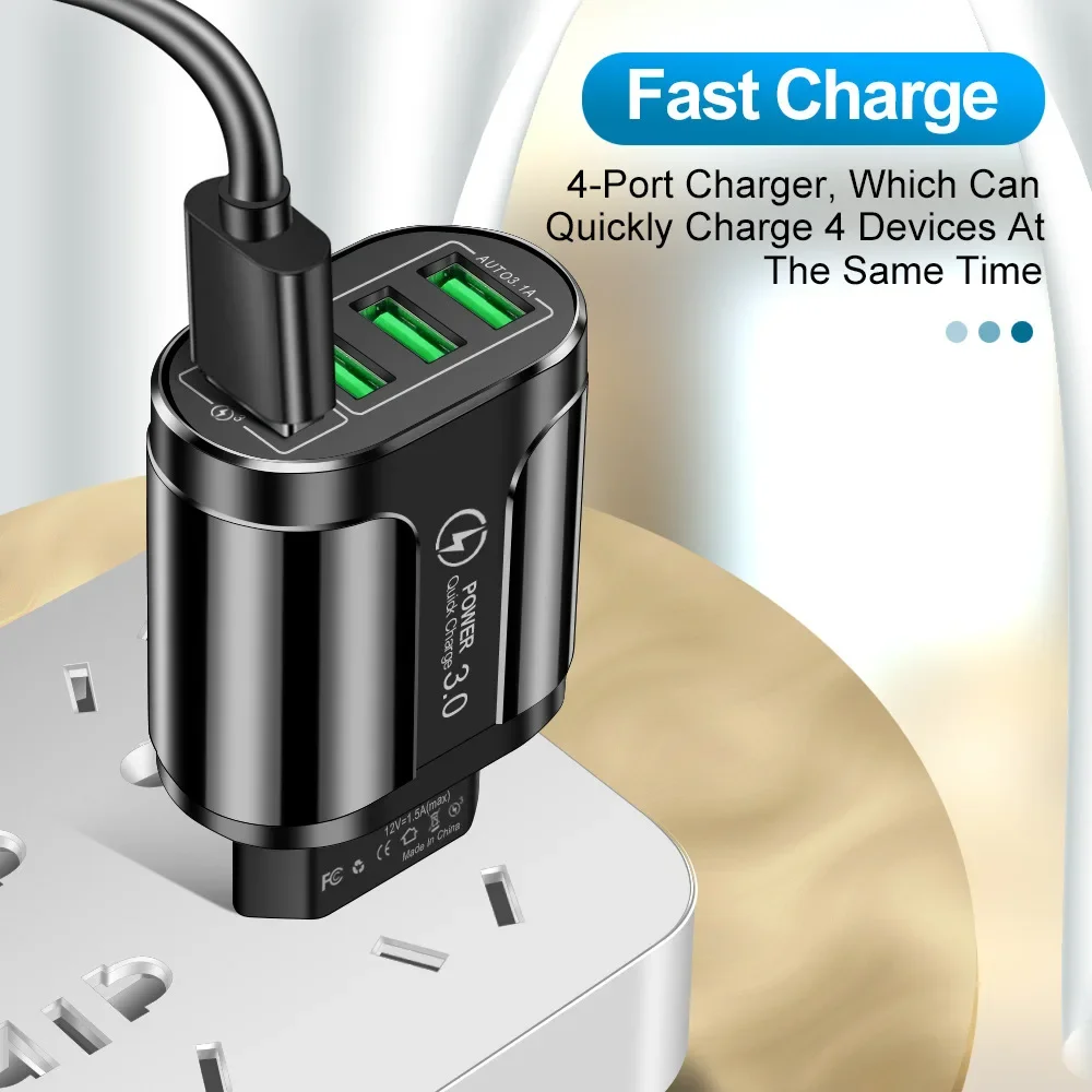 48W 4 USB Ports Quick Charger 3.0 Travel Adapter Mutil Port Fast Charging Suitable For Android iPhone Xiaomi Samsung Other Phone